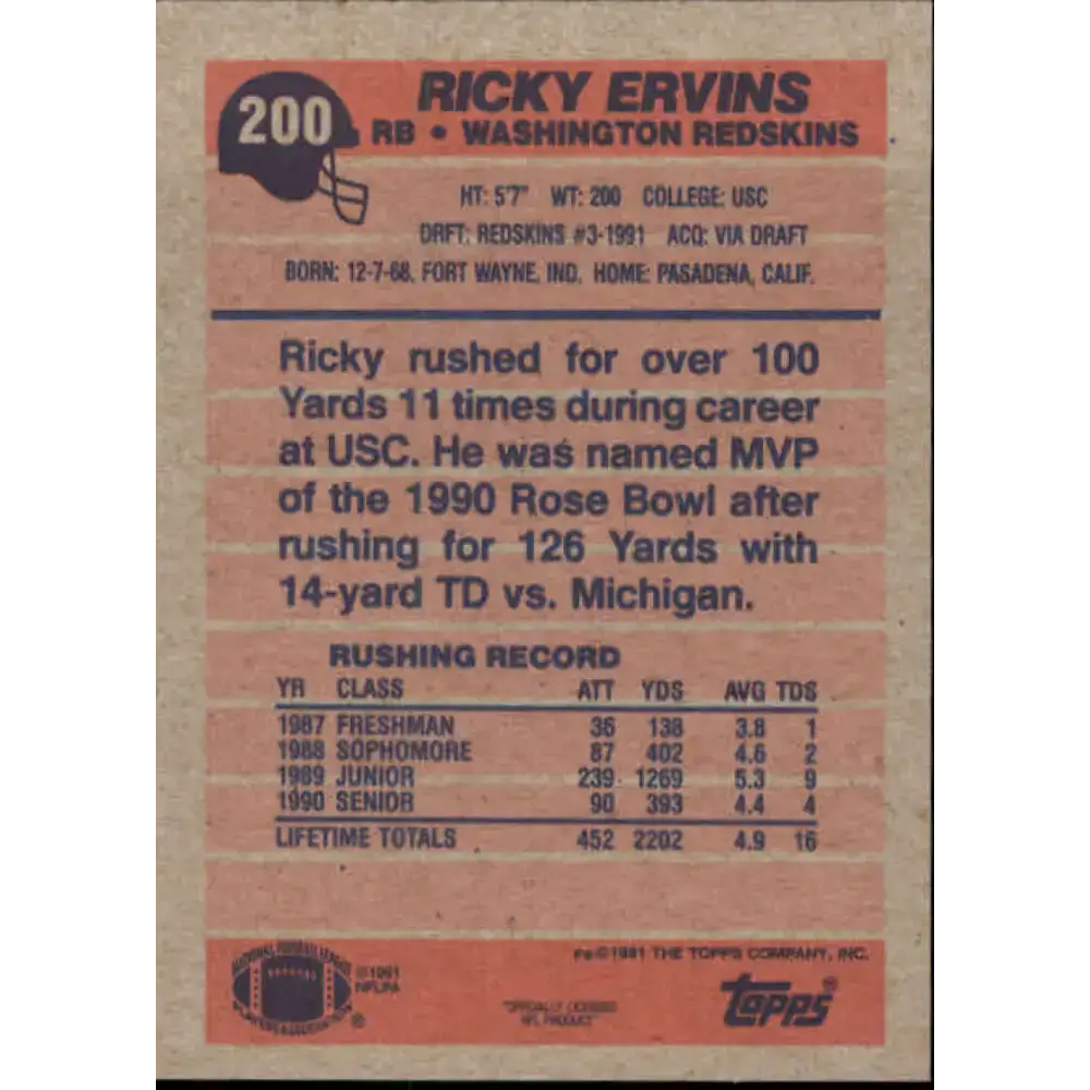 1991 Topps #200 Ricky Ervins NM-MT RC Rookie Washington Redskins Football Card - Football Card Single