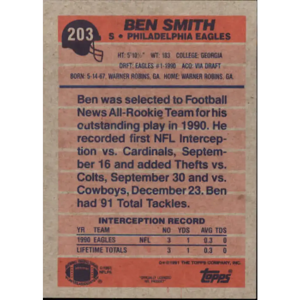 1991 Topps #203 Ben Smith NM-MT RC Rookie Philadelphia Eagles Football Card - Football Card Single