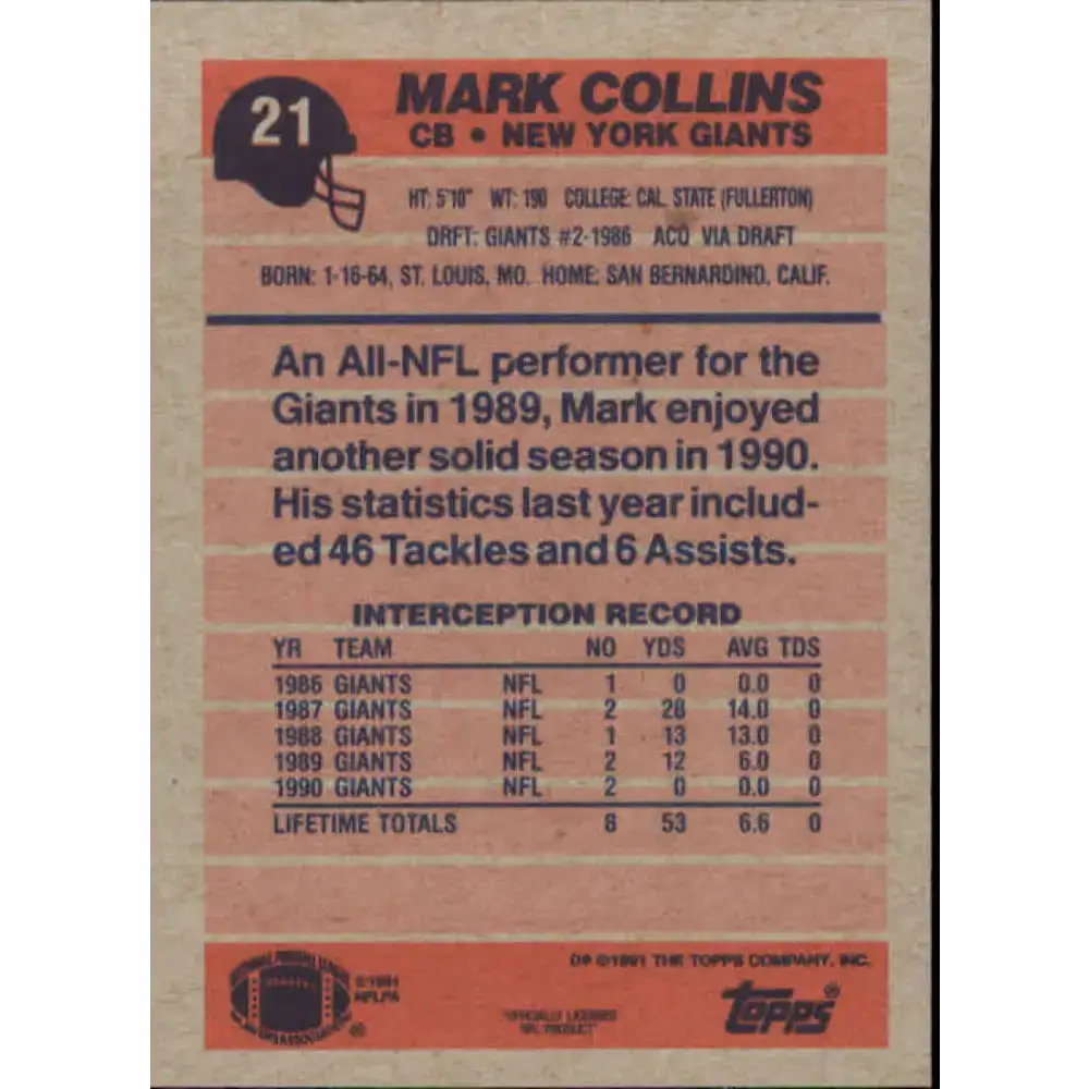 1991 Topps #21 Mark Collins NM-MT New York Giants Football Card - Football Card Single