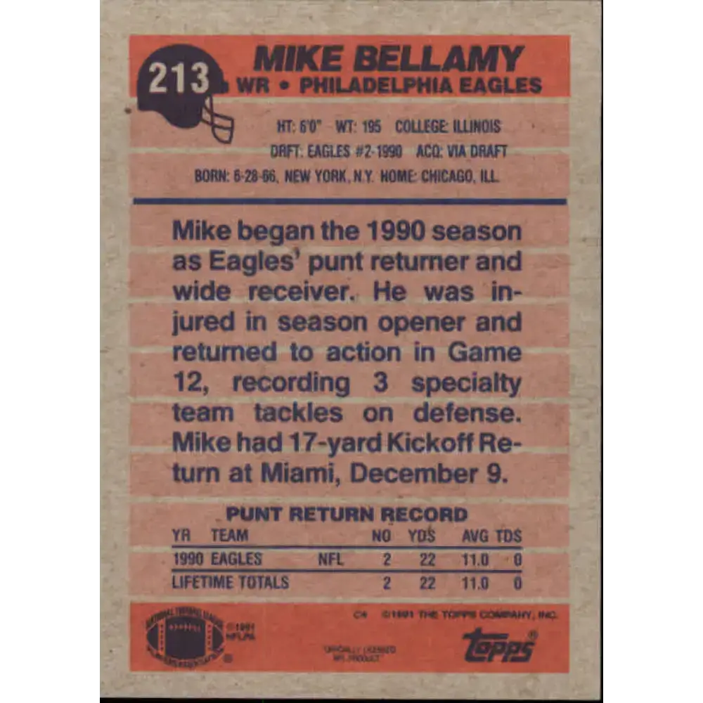 1991 Topps #213 Mike Bellamy NM-MT Philadelphia Eagles Football Card - Football Card Single
