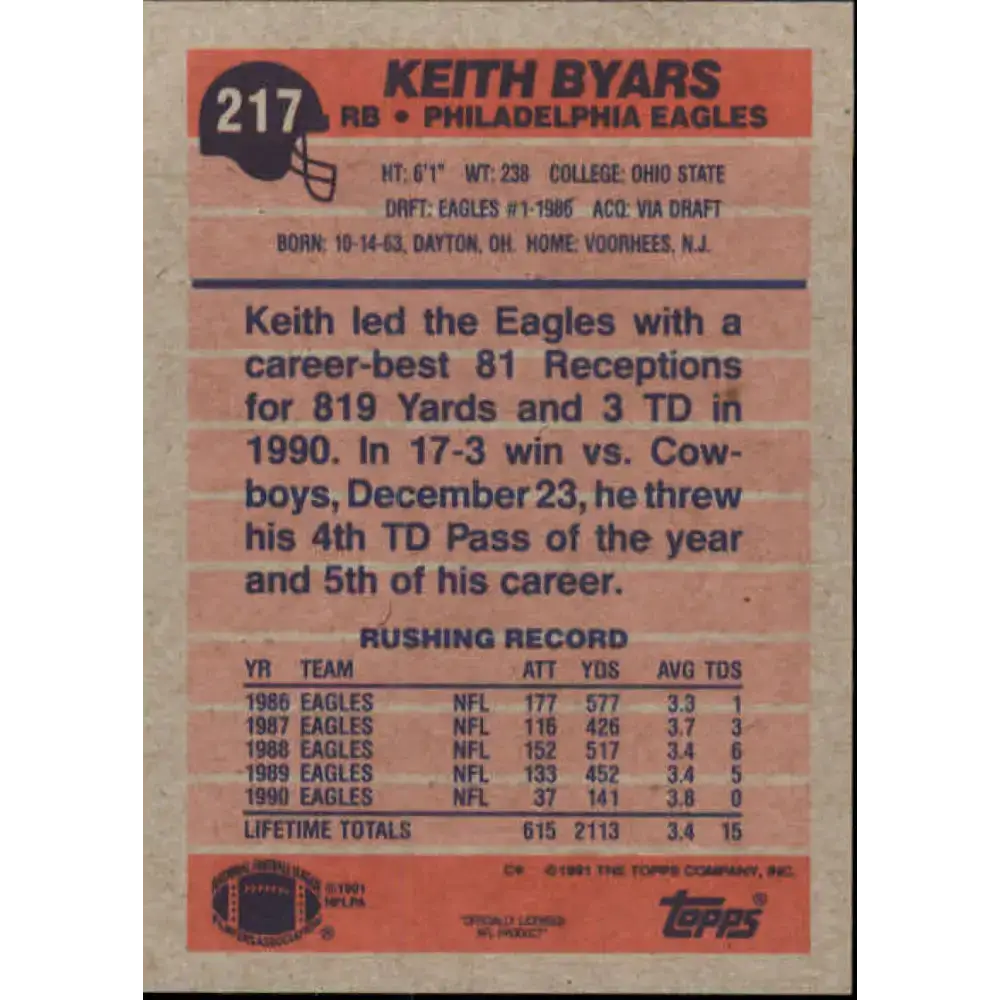 1991 Topps #217 Keith Byars NM-MT Philadelphia Eagles Football Card - Football Card Single