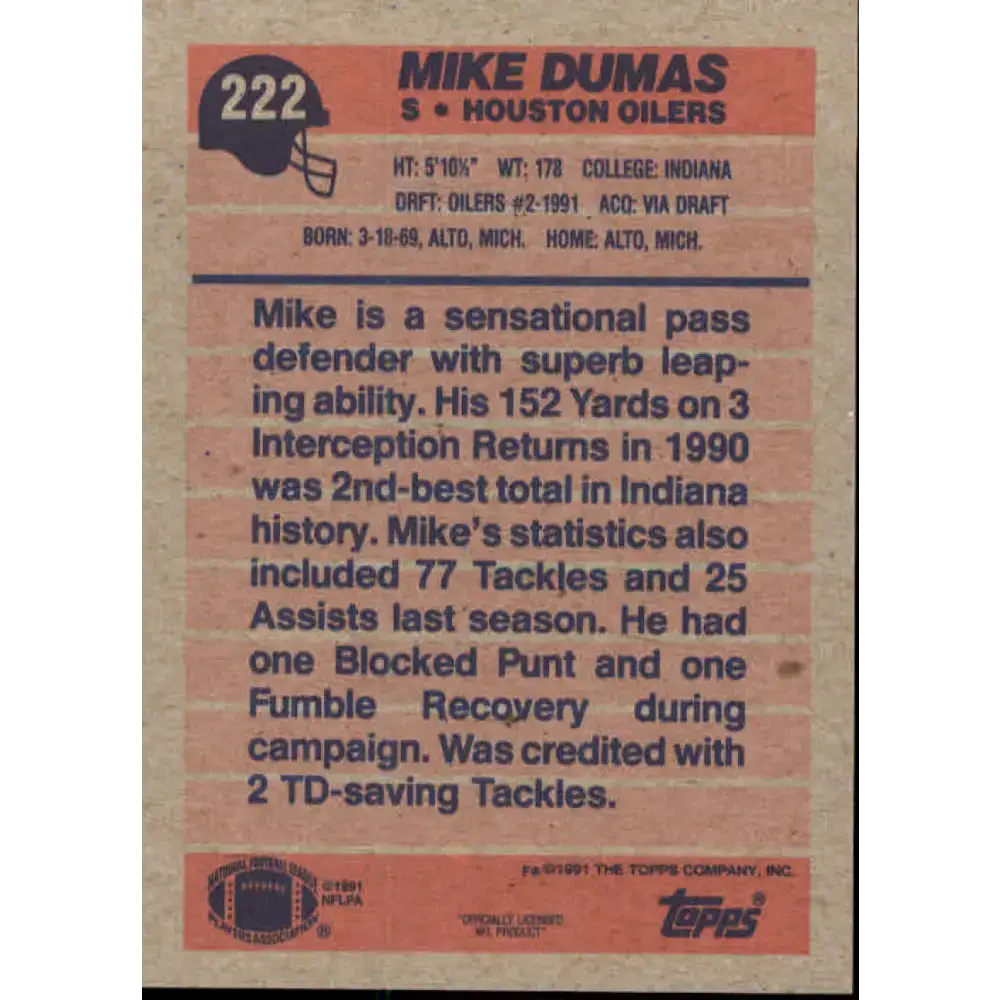 1991 Topps #222 Mike Dumas NM-MT RC Rookie Houston Oilers Football Card - Football Card Single