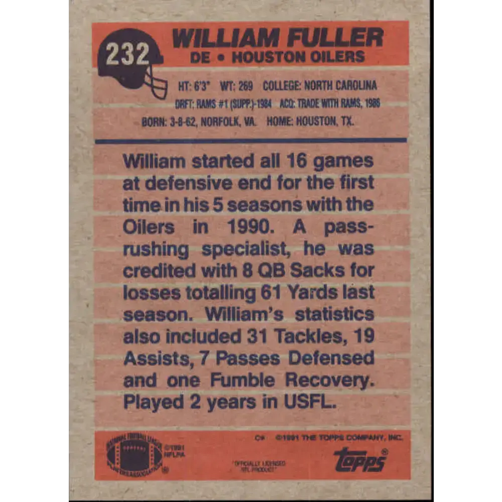 1991 Topps #232 William Fuller NM-MT Houston Oilers Football Card - Football Card Single