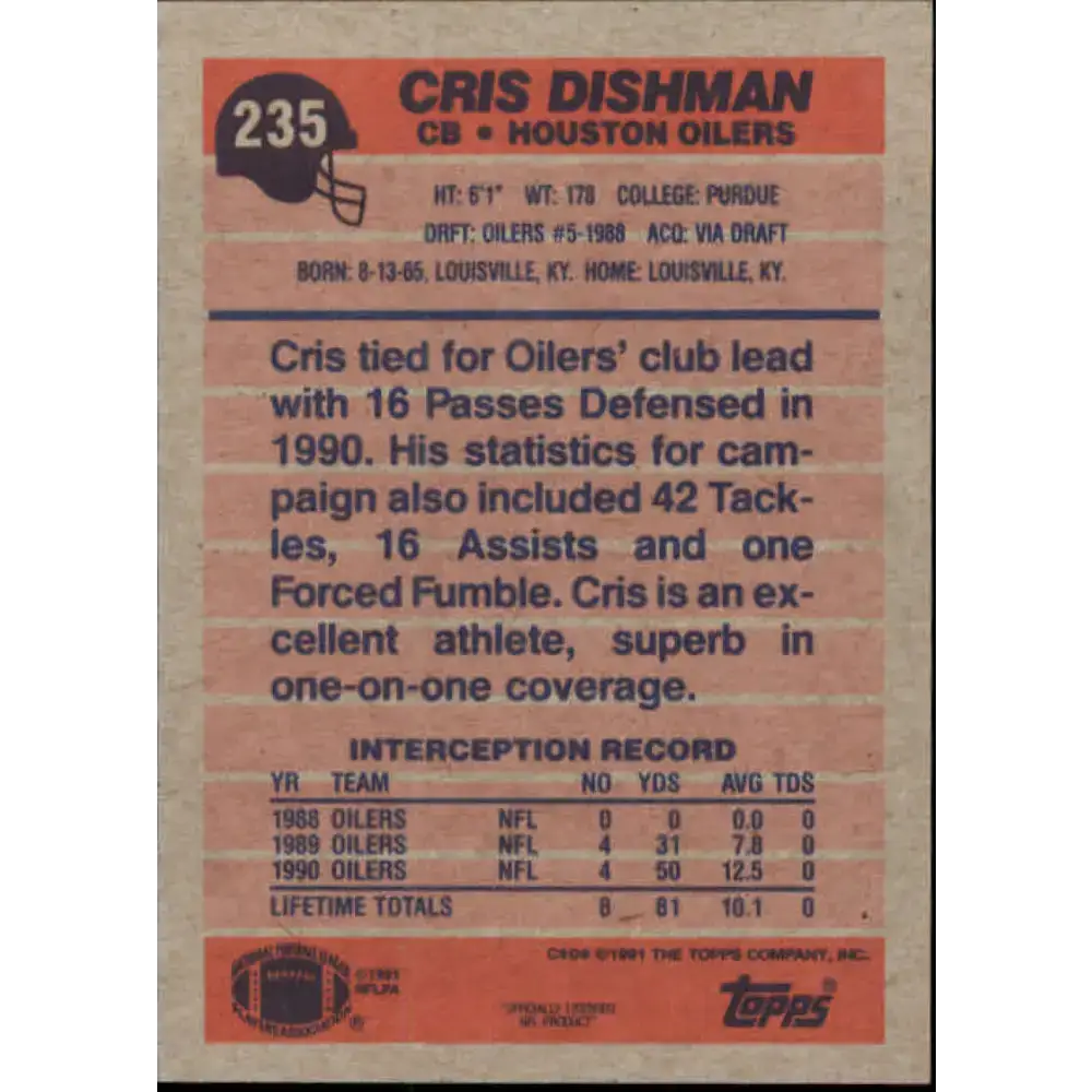 1991 Topps #235 Cris Dishman NM-MT RC Rookie Houston Oilers Football Card - Football Card Single