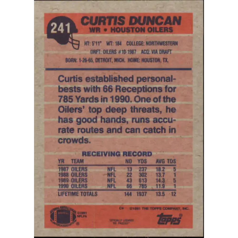 1991 Topps #241 Curtis Duncan NM-MT Houston Oilers Football Card - Football Card Single