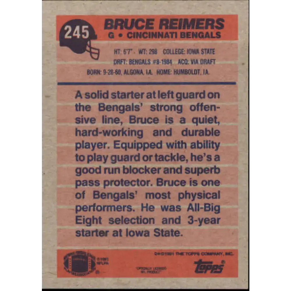 1991 Topps #245 Bruce Reimers NM-MT Cincinnati Bengals Football Card - Football Card Single