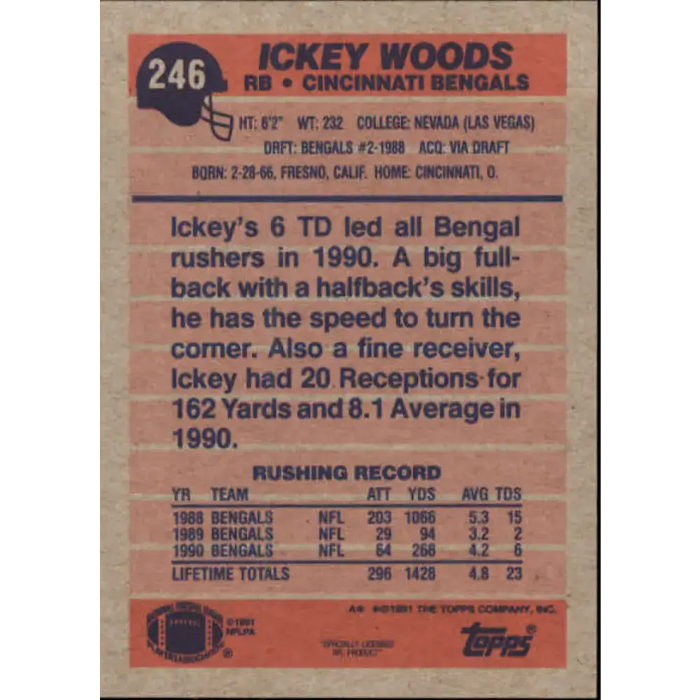 1991 Topps #246 Ickey Woods NM-MT Cincinnati Bengals Football Card - Football Card Single