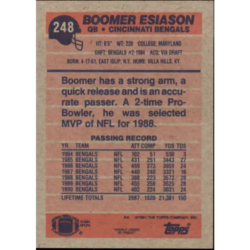 1991 Topps #248 Boomer Esiason NM-MT Cincinnati Bengals Football Card - Football Card Single