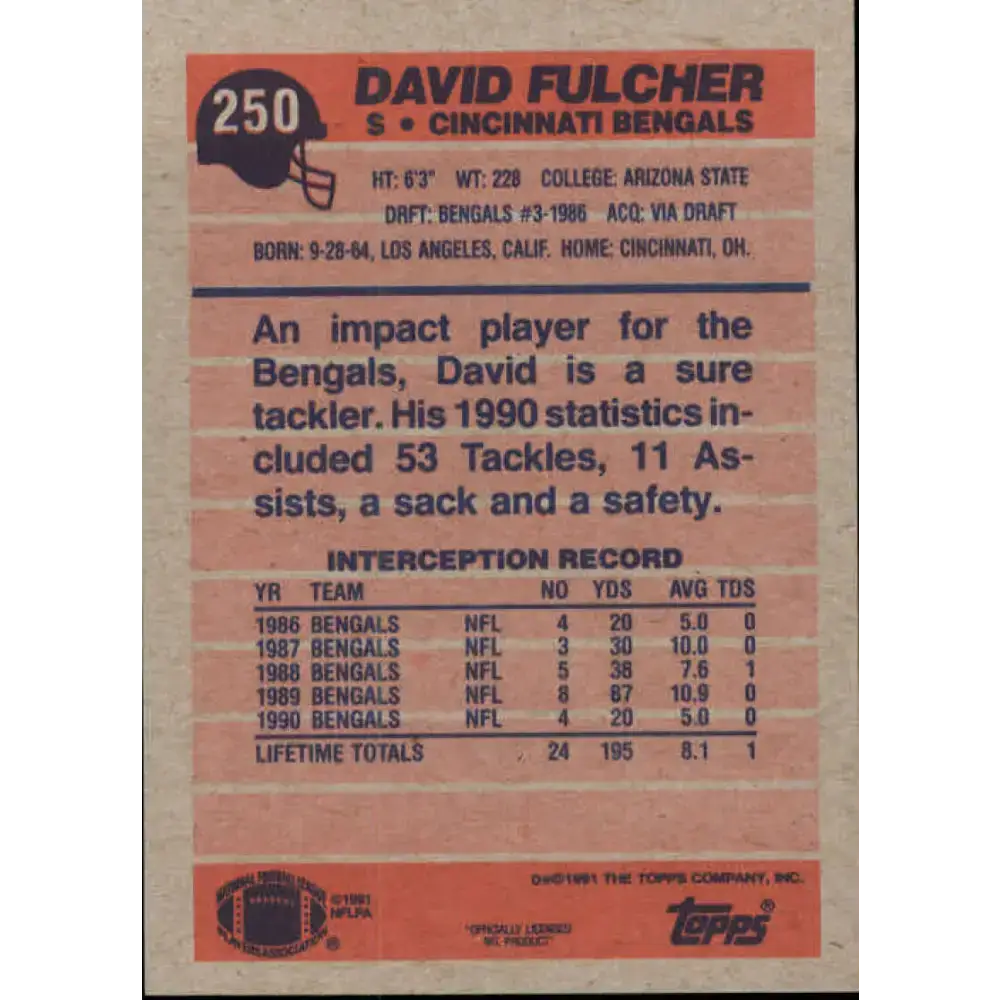 1991 Topps #250 David Fulcher NM-MT Cincinnati Bengals Football Card - Football Card Single