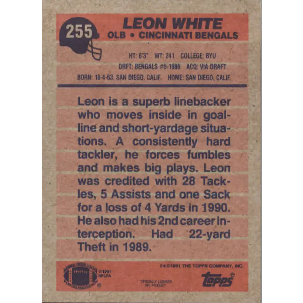 1991 Topps #255 Leon White NM-MT Cincinnati Bengals Football Card - Football Card Single