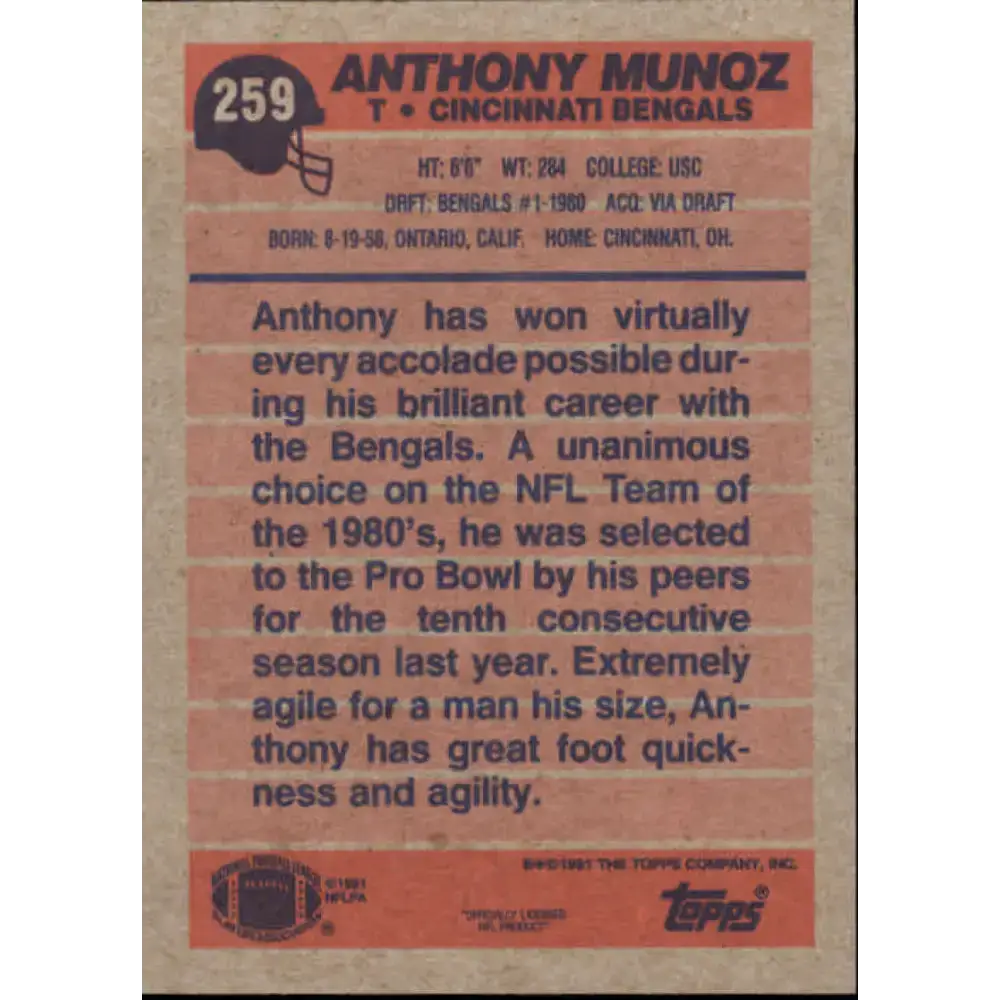 1991 Topps #259 Anthony Munoz NM-MT Cincinnati Bengals Football Card - Football Card Single