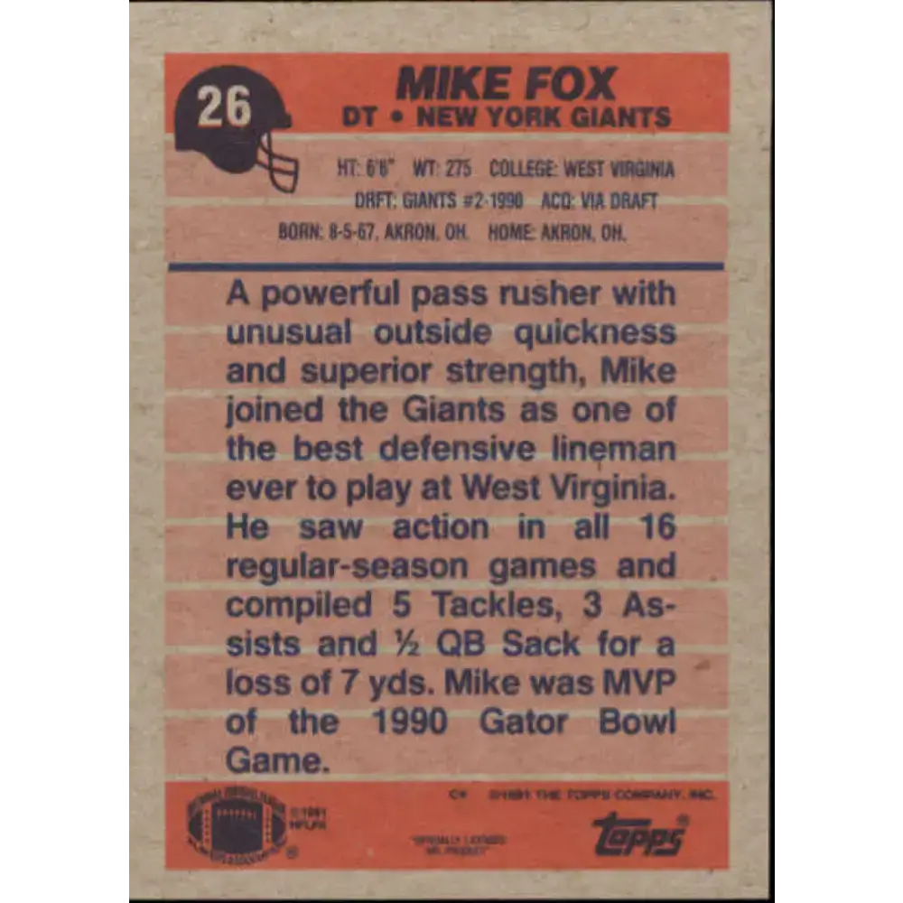 1991 Topps #26 Mike Fox NM-MT New York Giants Football Card - Football Card Single