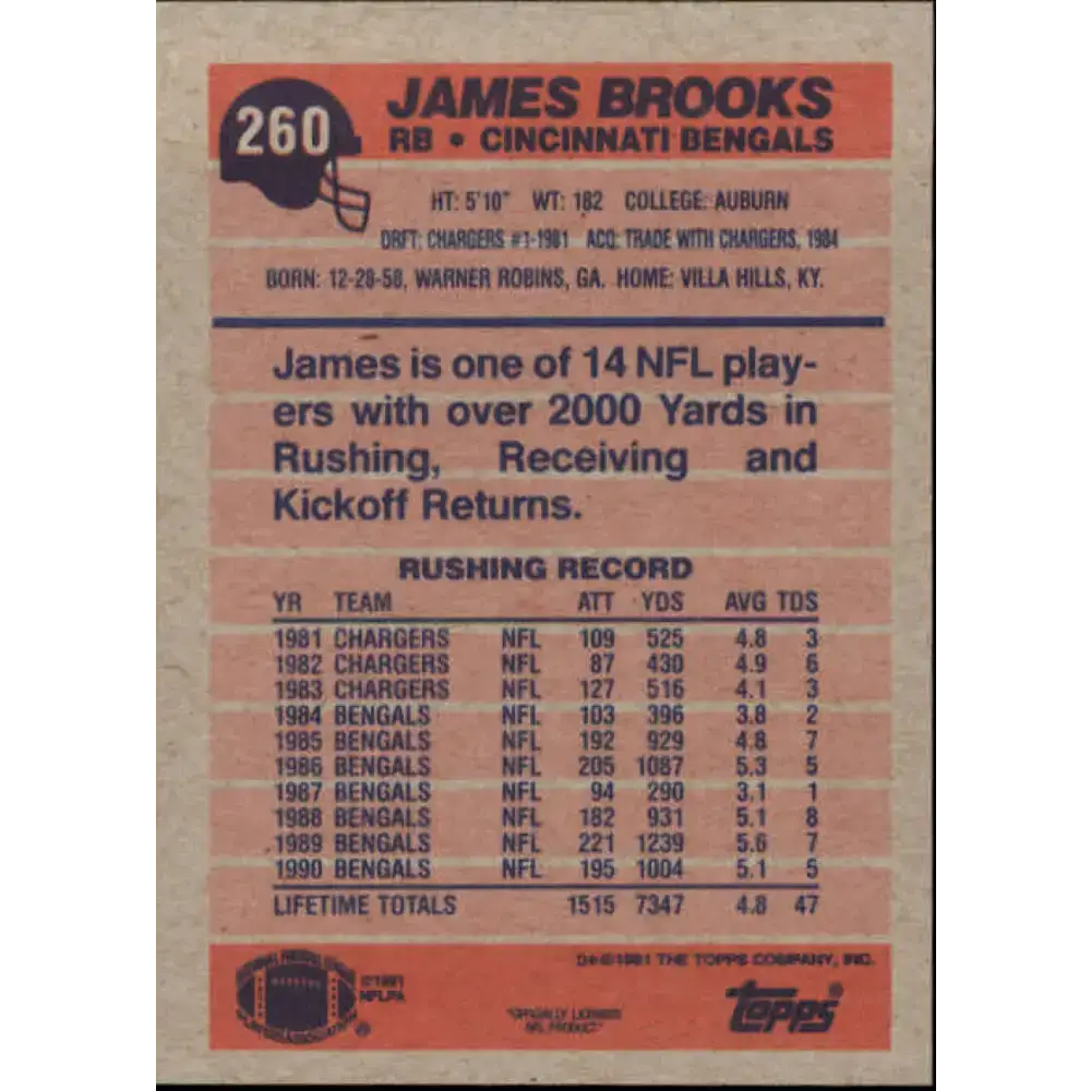 1991 Topps #260 James Brooks NM-MT Cincinnati Bengals Football Card - Football Card Single