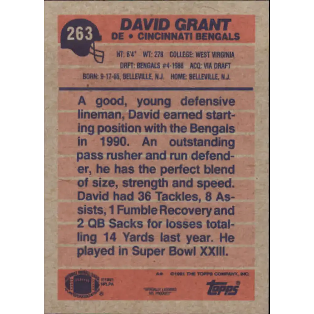 1991 Topps #263 David Grant NM-MT Cincinnati Bengals Football Card - Football Card Single
