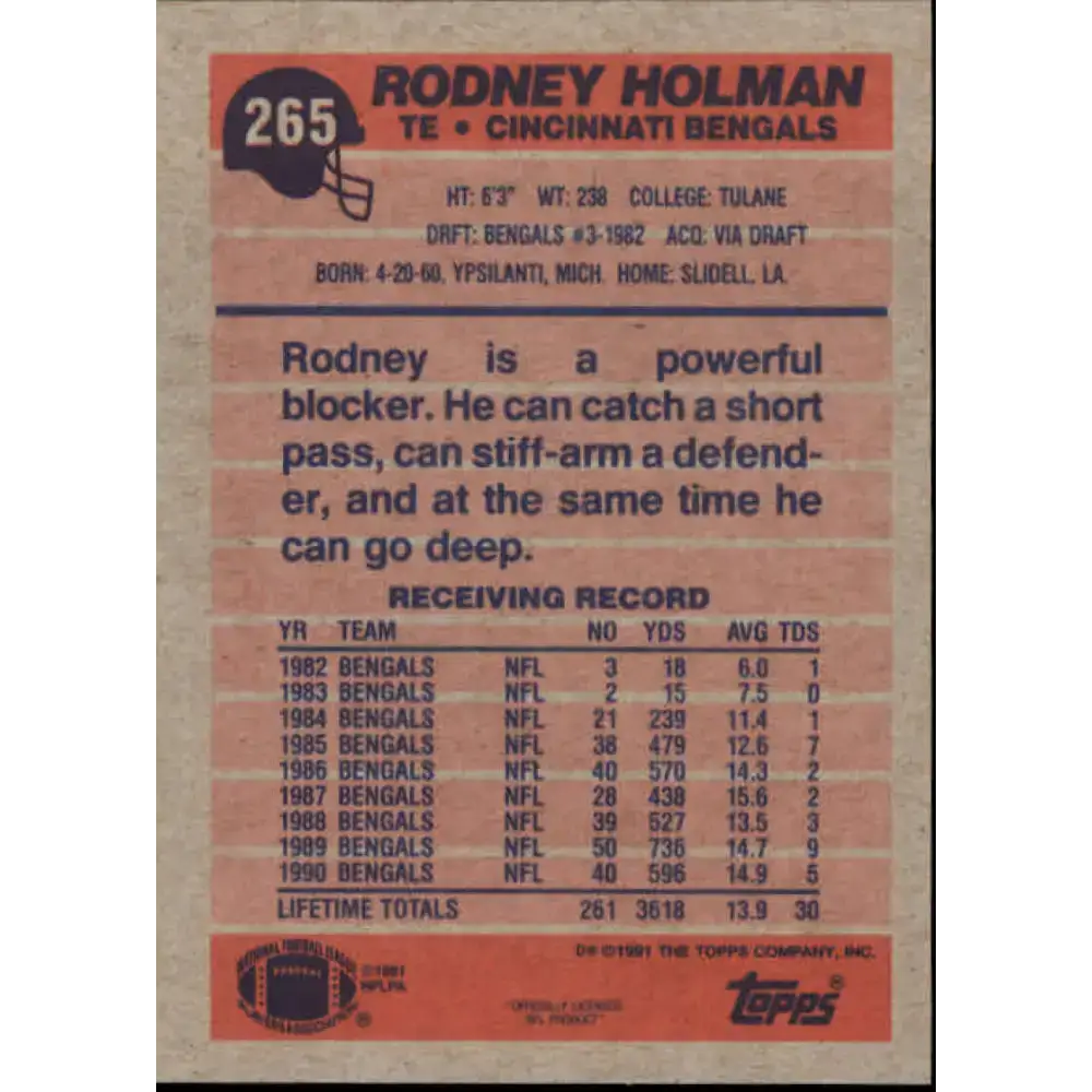 1991 Topps #265 Rodney Holman NM-MT Cincinnati Bengals Football Card - Football Card Single