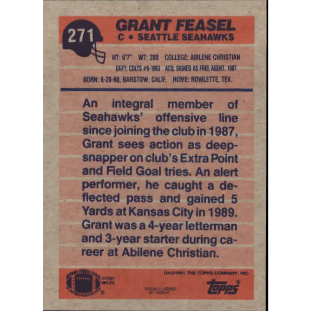 1991 Topps #271 Grant Feasel NM-MT Seattle Seahawks Football Card - Football Card Single