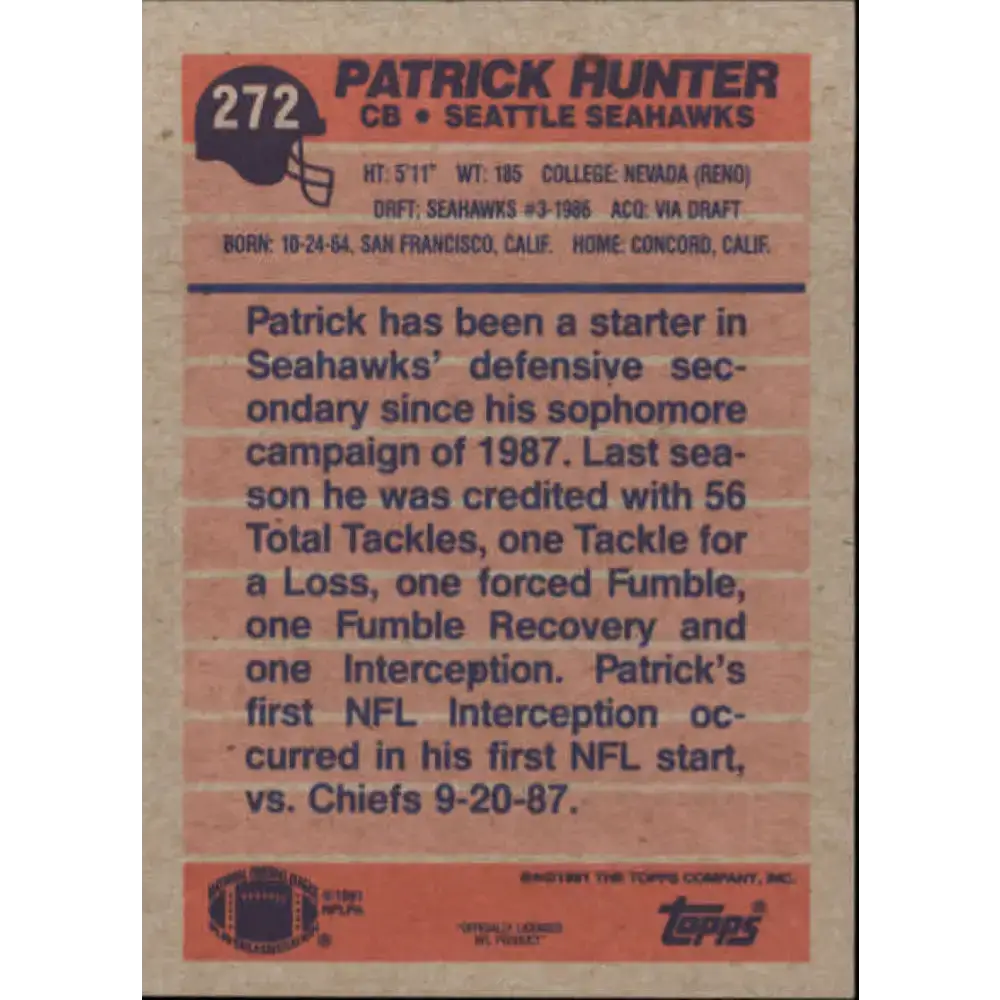 1991 Topps #272 Patrick Hunter NM-MT RC Rookie Seattle Seahawks Football Card