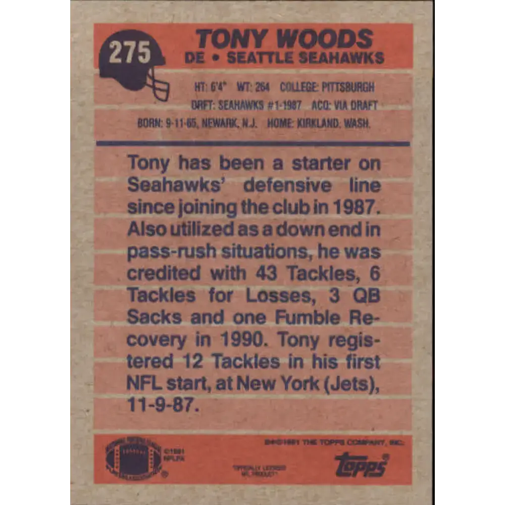 1991 Topps #275 Tony Woods NM-MT Seattle Seahawks Football Card - Football Card Single