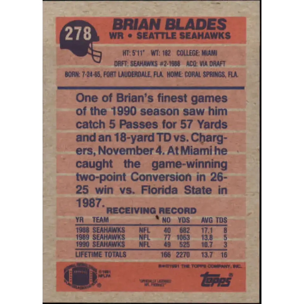 1991 Topps #278 Brian Blades NM-MT Seattle Seahawks Football Card - Football Card Single