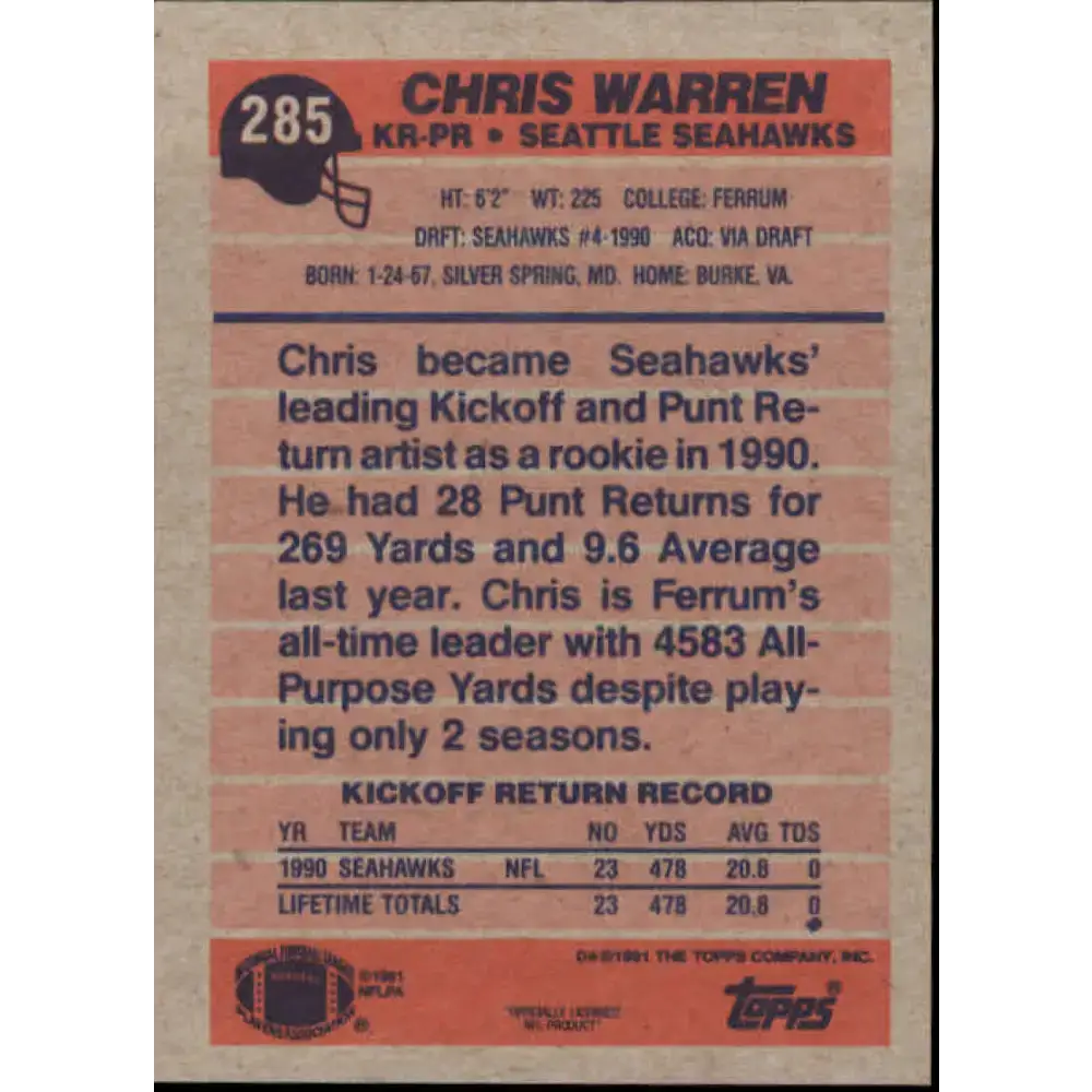 1991 Topps #285 Chris Warren NM-MT Seattle Seahawks Football Card - Football Card Single