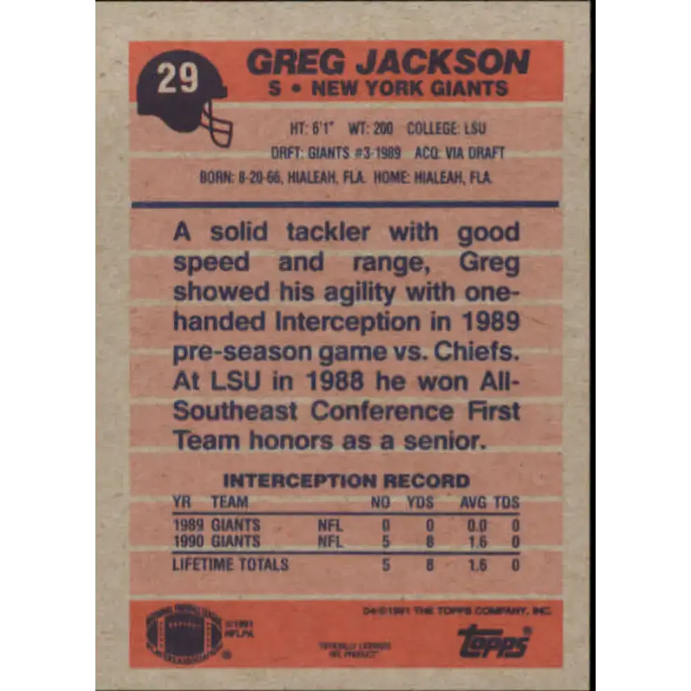 1991 Topps #29 Greg Jackson NM-MT RC Rookie New York Giants Football Card - Football Card Single