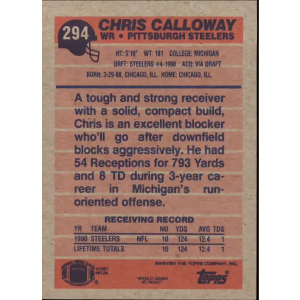 1991 Topps #294 Chris Calloway NM-MT Pittsburgh Steelers Football Card - Football Card Single