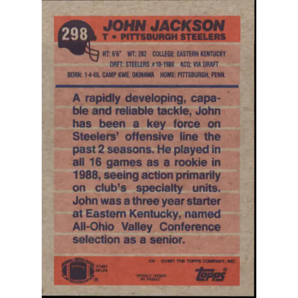 1991 Topps #298 John Jackson NM-MT RC Rookie Pittsburgh Steelers Football Card - Football Card Single