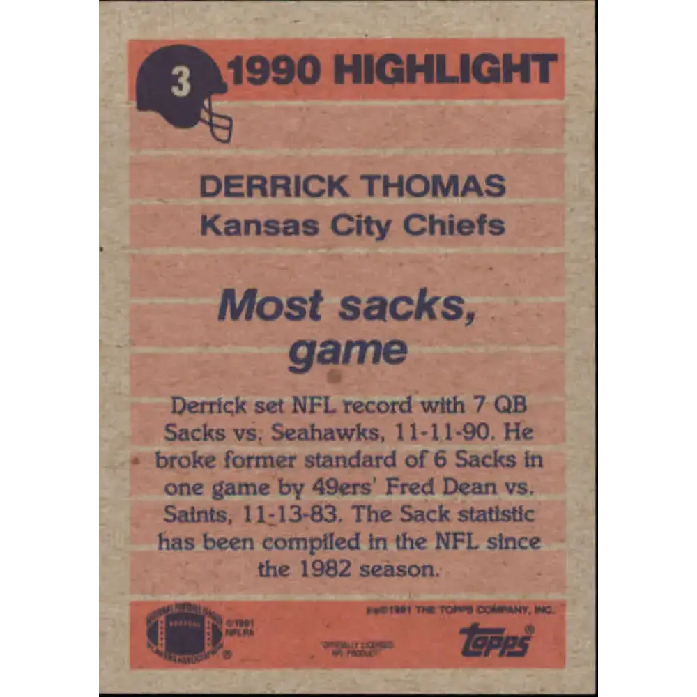 1991 Topps #3 Derrick Thomas NM-MT Kansas City Chiefs Football Card - Football Card Single