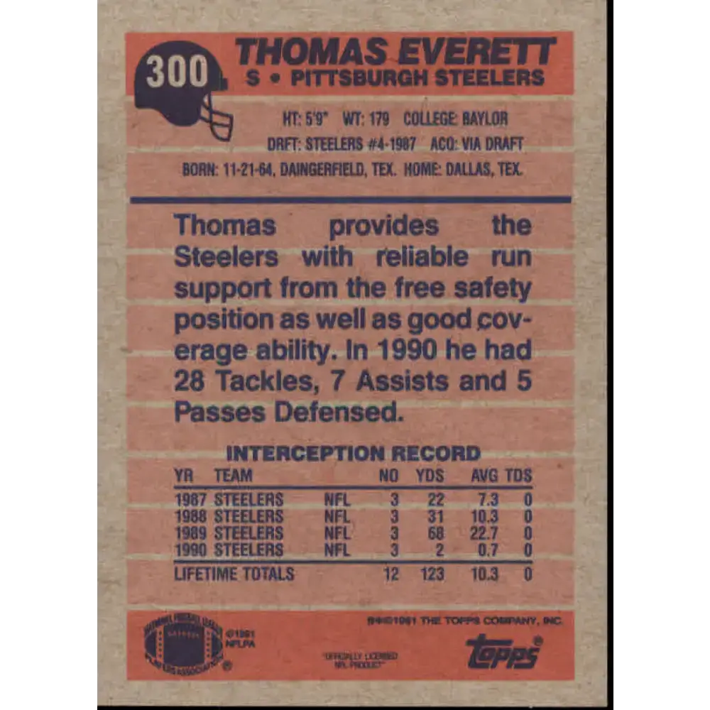 1991 Topps #300 Thomas Everett NM-MT Pittsburgh Steelers Football Card - Football Card Single