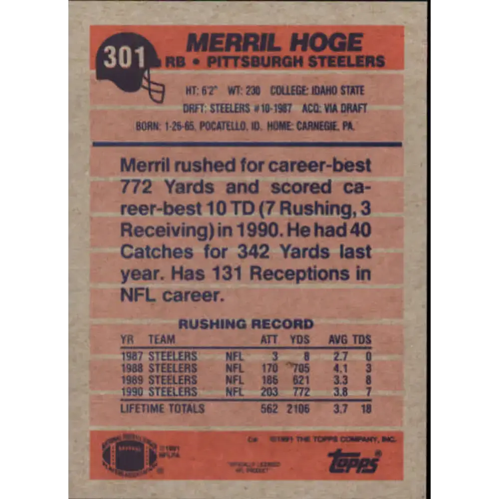 1991 Topps #301 Merril Hoge NM-MT Pittsburgh Steelers Football Card