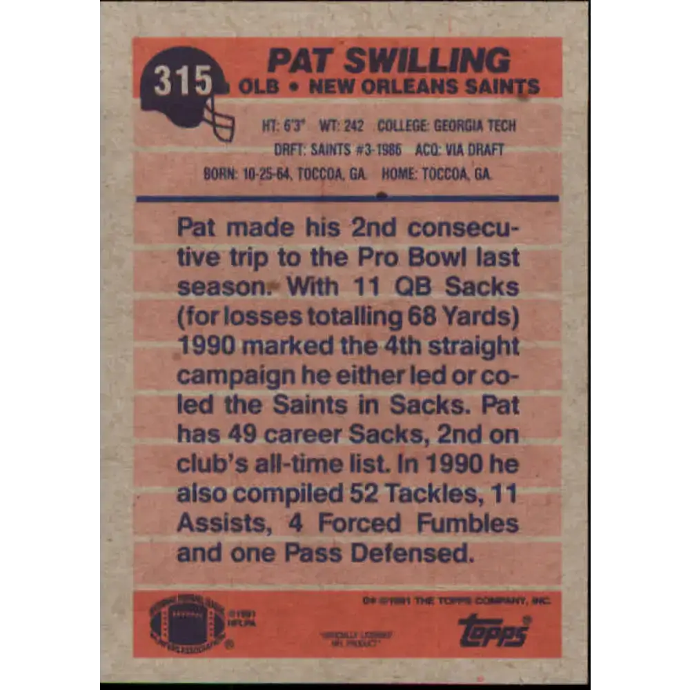 1991 Topps #315 Pat Swilling NM-MT New Orleans Saints Football Card - Football Card Single