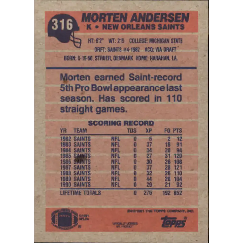 1991 Topps #316 Morten Andersen NM-MT New Orleans Saints Football Card - Football Card Single