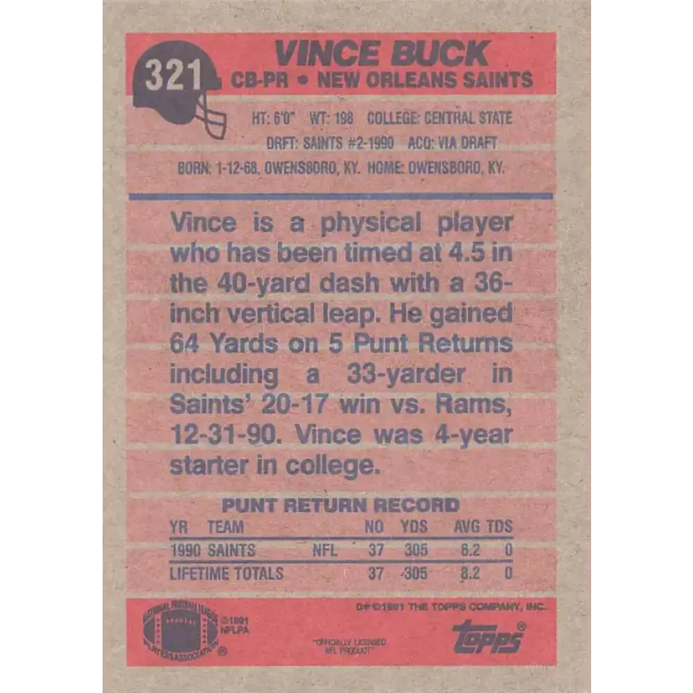 1991 Topps #321 Vince Buck NM-MT New Orleans Saints Football Card - Football Card Single