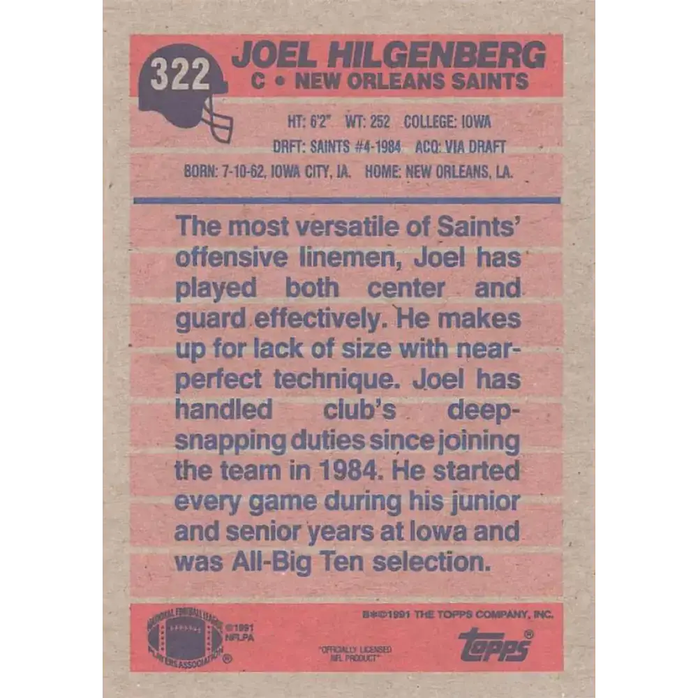 1991 Topps #322 Joel Hilgenberg NM-MT New Orleans Saints Football Card - Football Card Single