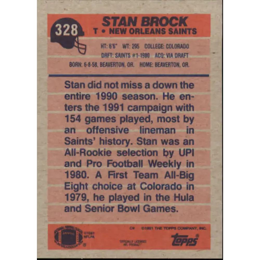 1991 Topps #328 Stan Brock NM-MT New Orleans Saints Football Card - Football Card Single