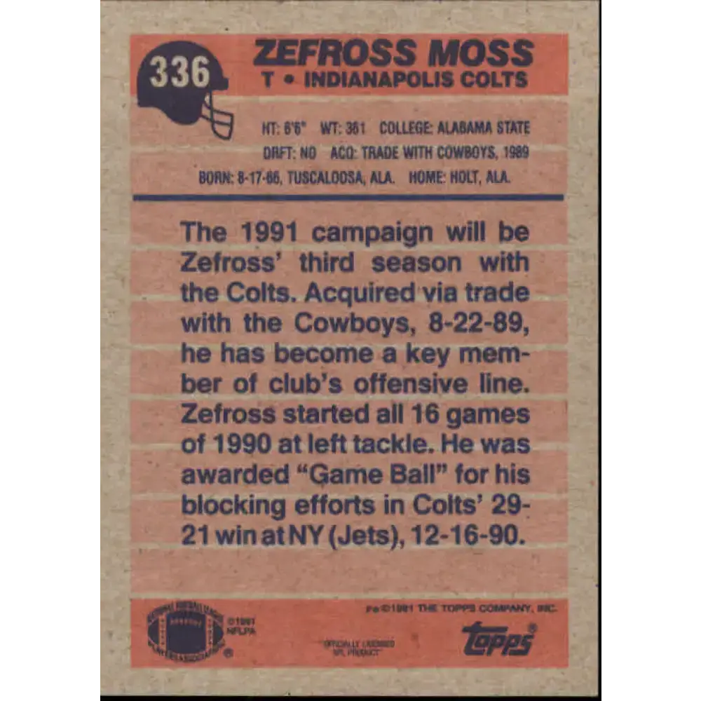 1991 Topps #336 Zefross Moss NM-MT Indianapolis Colts Football Card - Football Card Single