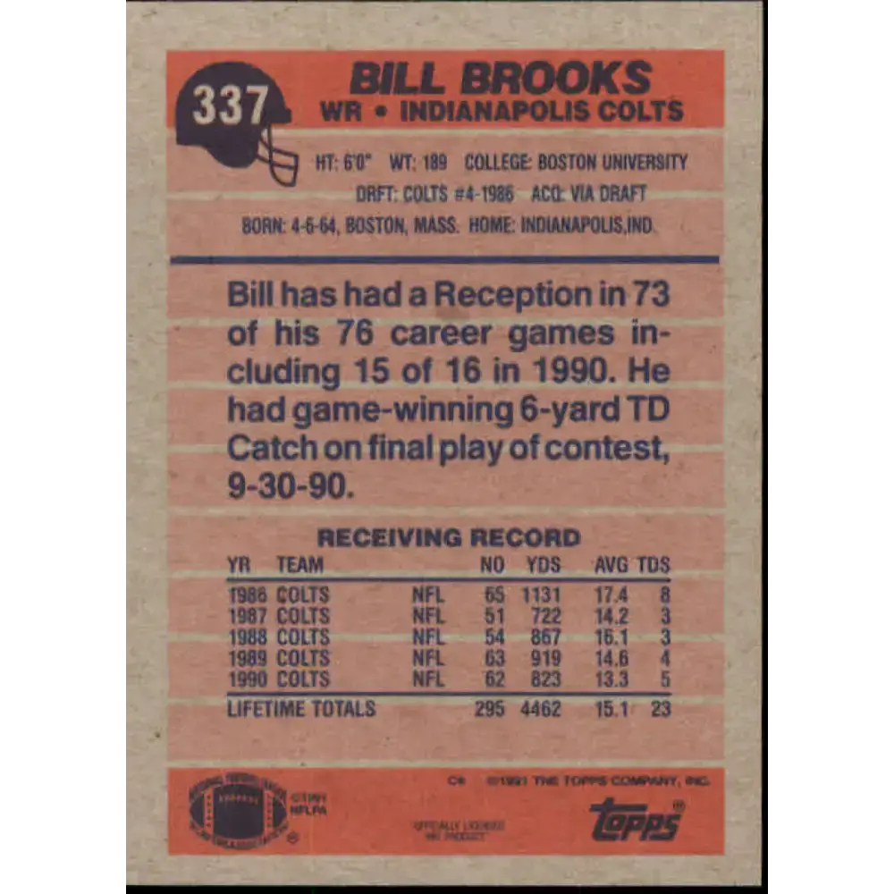 1991 Topps #337 Bill Brooks NM-MT Indianapolis Colts Football Card - Football Card Single