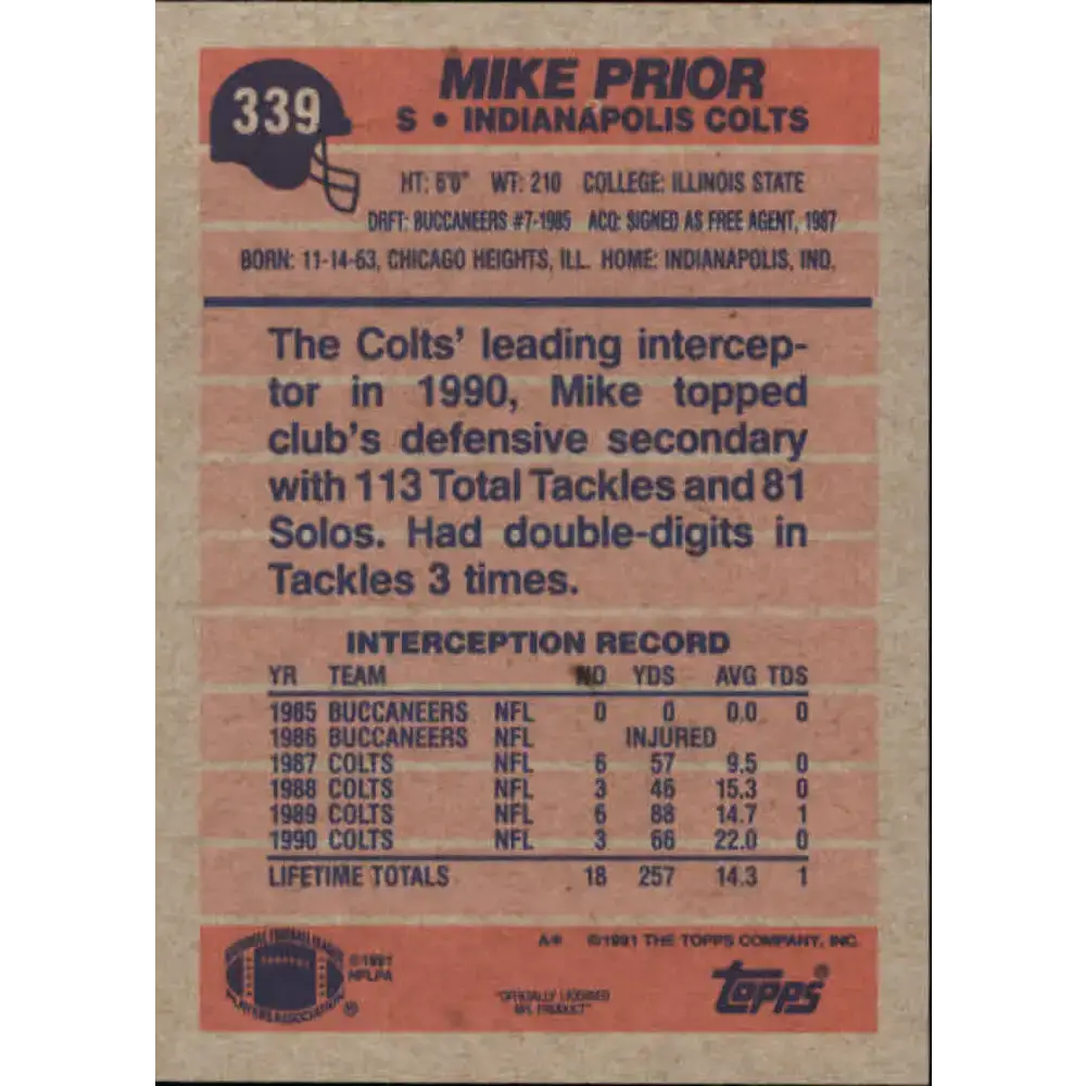 1991 Topps #339 Mike Prior NM-MT Indianapolis Colts Football Card - Football Card Single