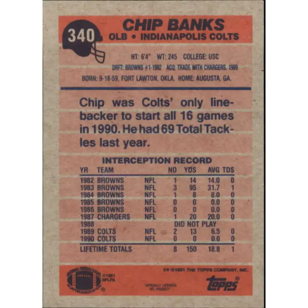 1991 Topps #340 Chip Banks NM-MT Indianapolis Colts Football Card - Football Card Single