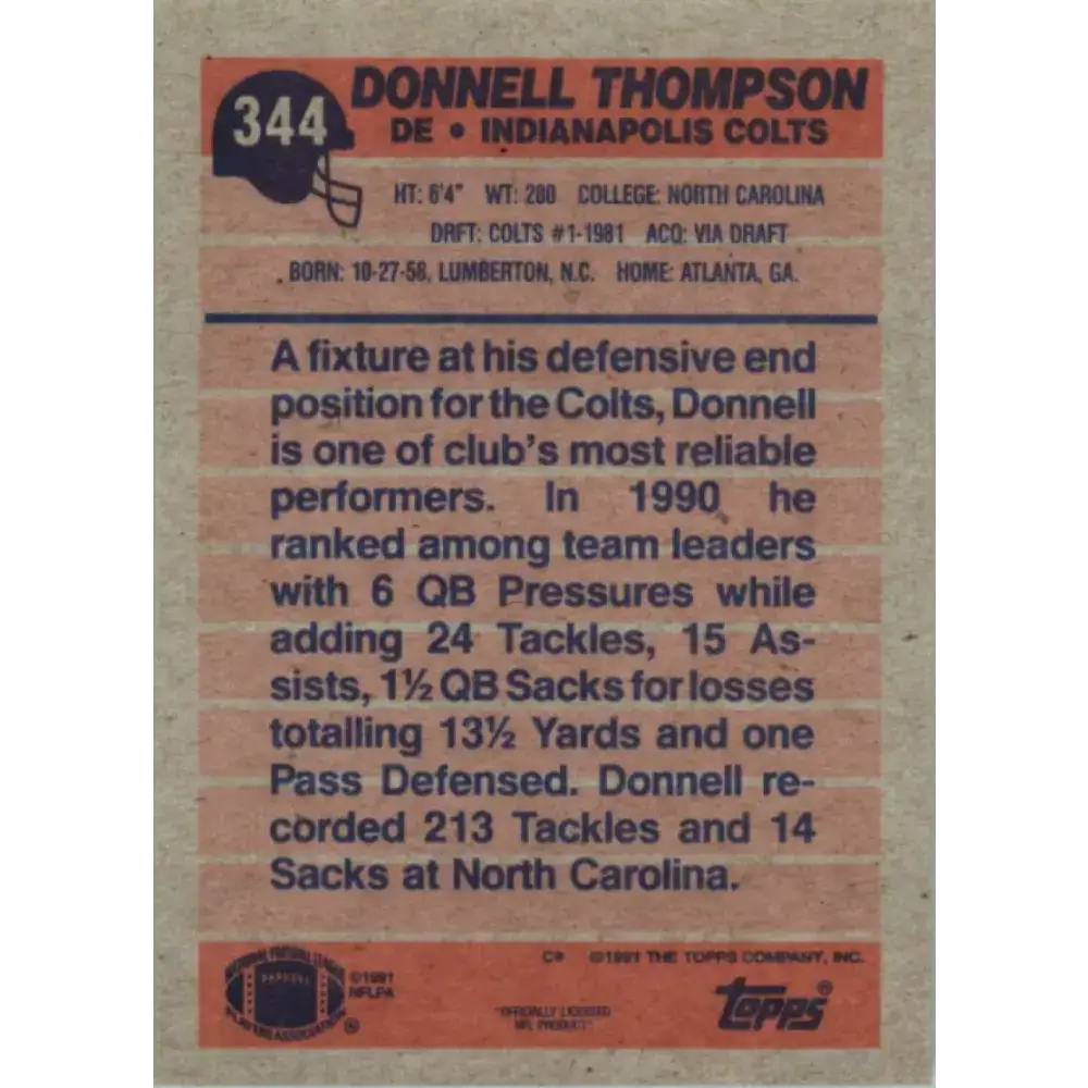 1991 Topps #344 Donnell Thompson NM-MT Indianapolis Colts Football Card - Football Card Single