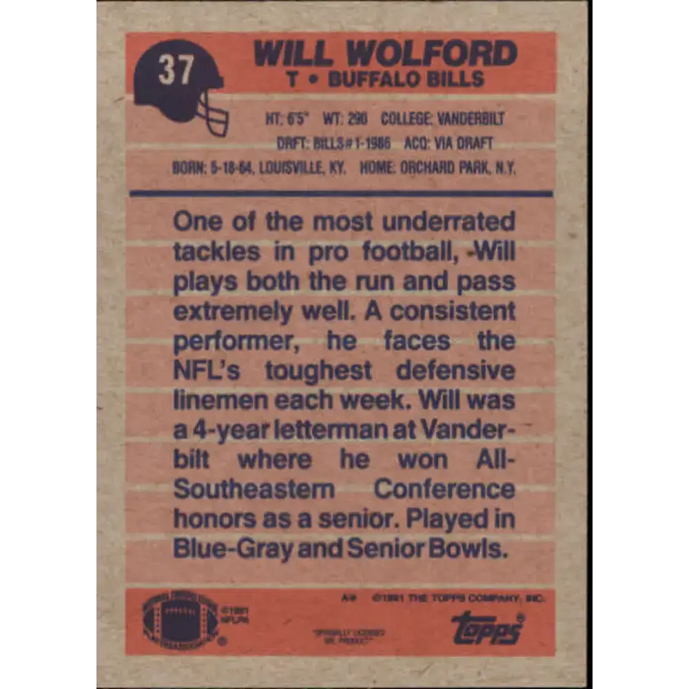 1991 Topps #37 Will Wolford NM-MT Buffalo Bills Football Card - Football Card Single
