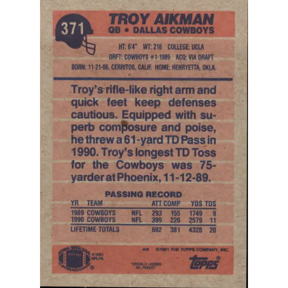 1991 Topps #371 Troy Aikman NM-MT Dallas Cowboys Football Card - Football Card Single