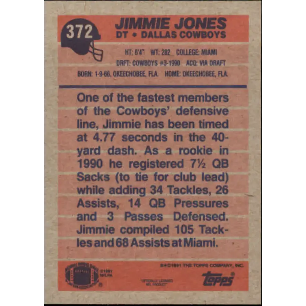 1991 Topps #372 Jimmie Jones NM-MT Dallas Cowboys Football Card - Football Card Single