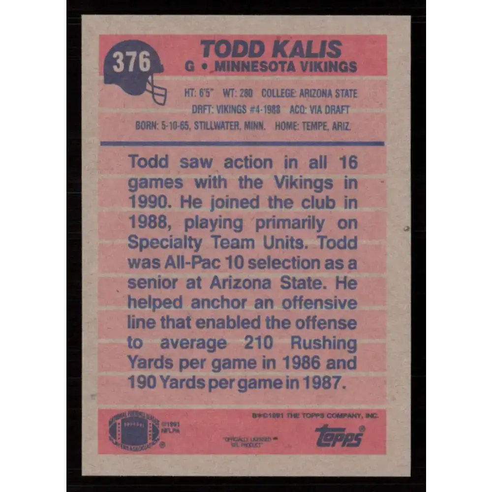 1991 Topps #376 Todd Kalis NM-MT Minnesota Vikings Football Card - Football Card Single
