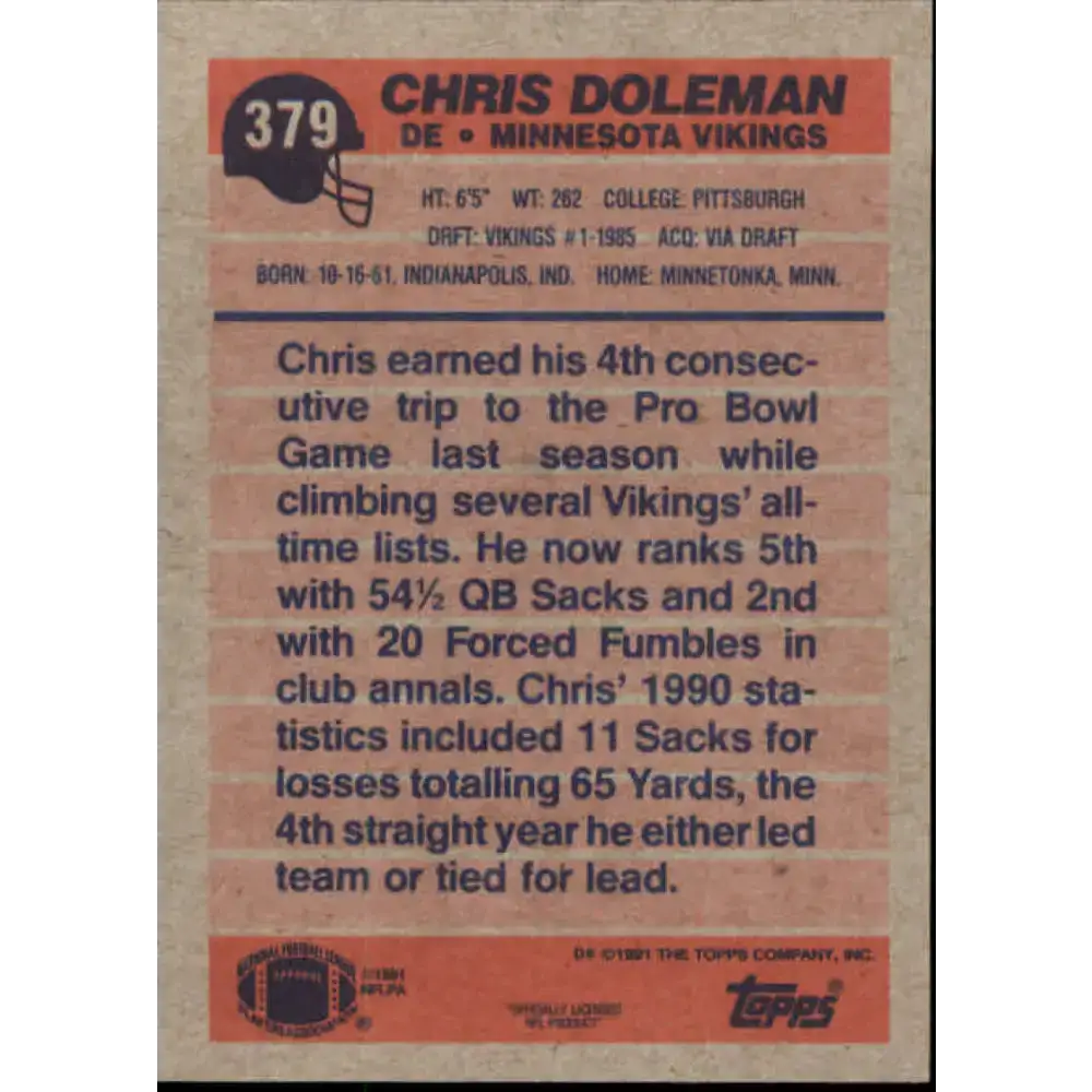 1991 Topps #379 Chris Doleman NM-MT Minnesota Vikings Football Card - Football Card Single