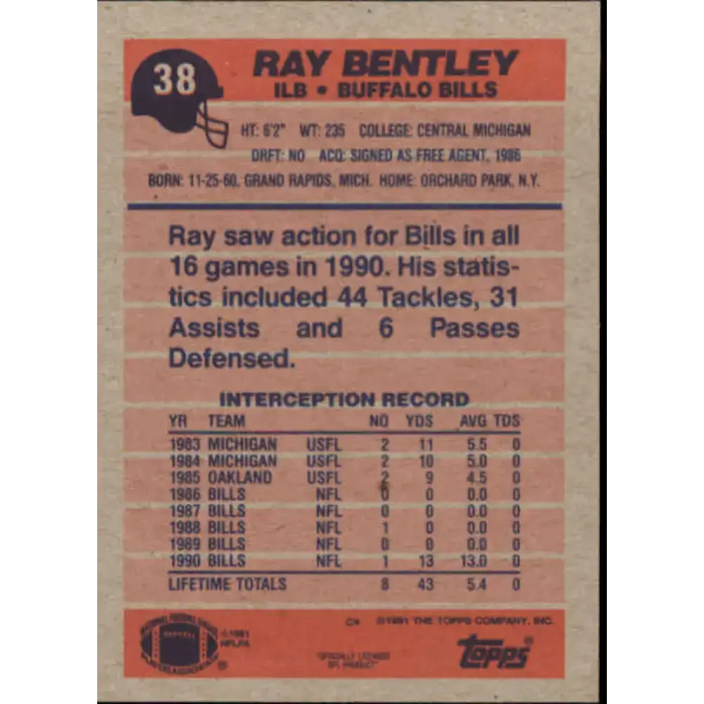 1991 Topps #38 Ray Bentley NM-MT Buffalo Bills Football Card - Football Card Single