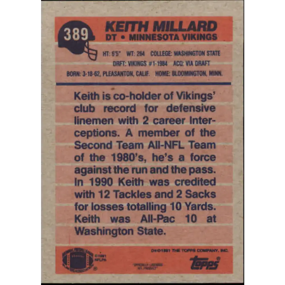 1991 Topps #389 Keith Millard NM-MT Minnesota Vikings Football Card - Football Card Single