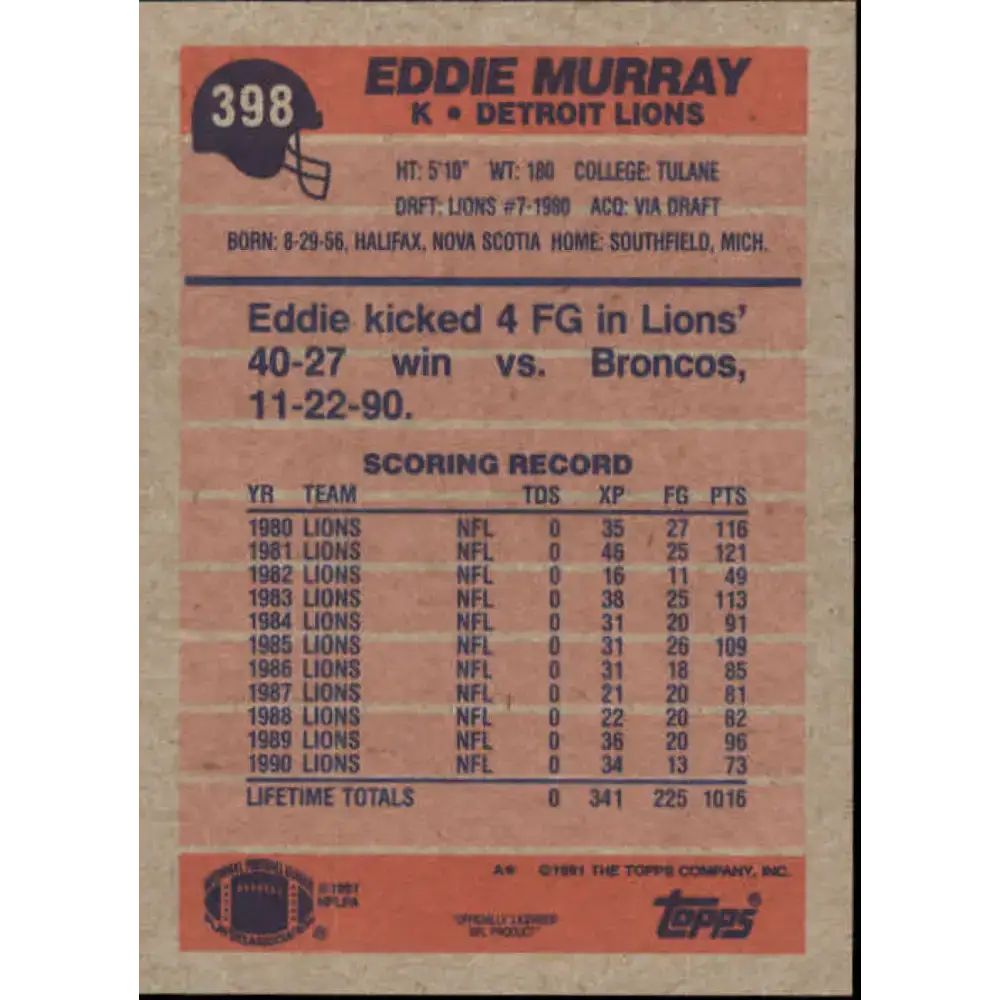 1991 Topps #398 Eddie Murray NM-MT Detroit Lions Football Card - Football Card Single