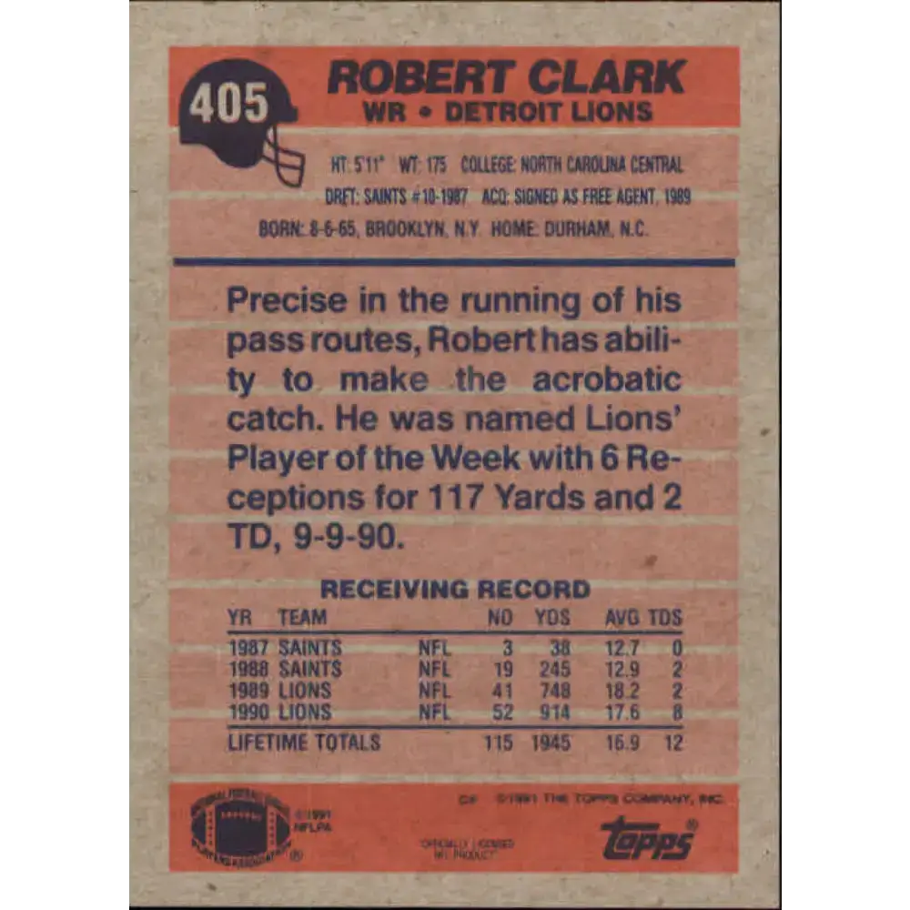 1991 Topps #405 Robert Clark NM-MT Detroit Lions Football Card - Football Card Single