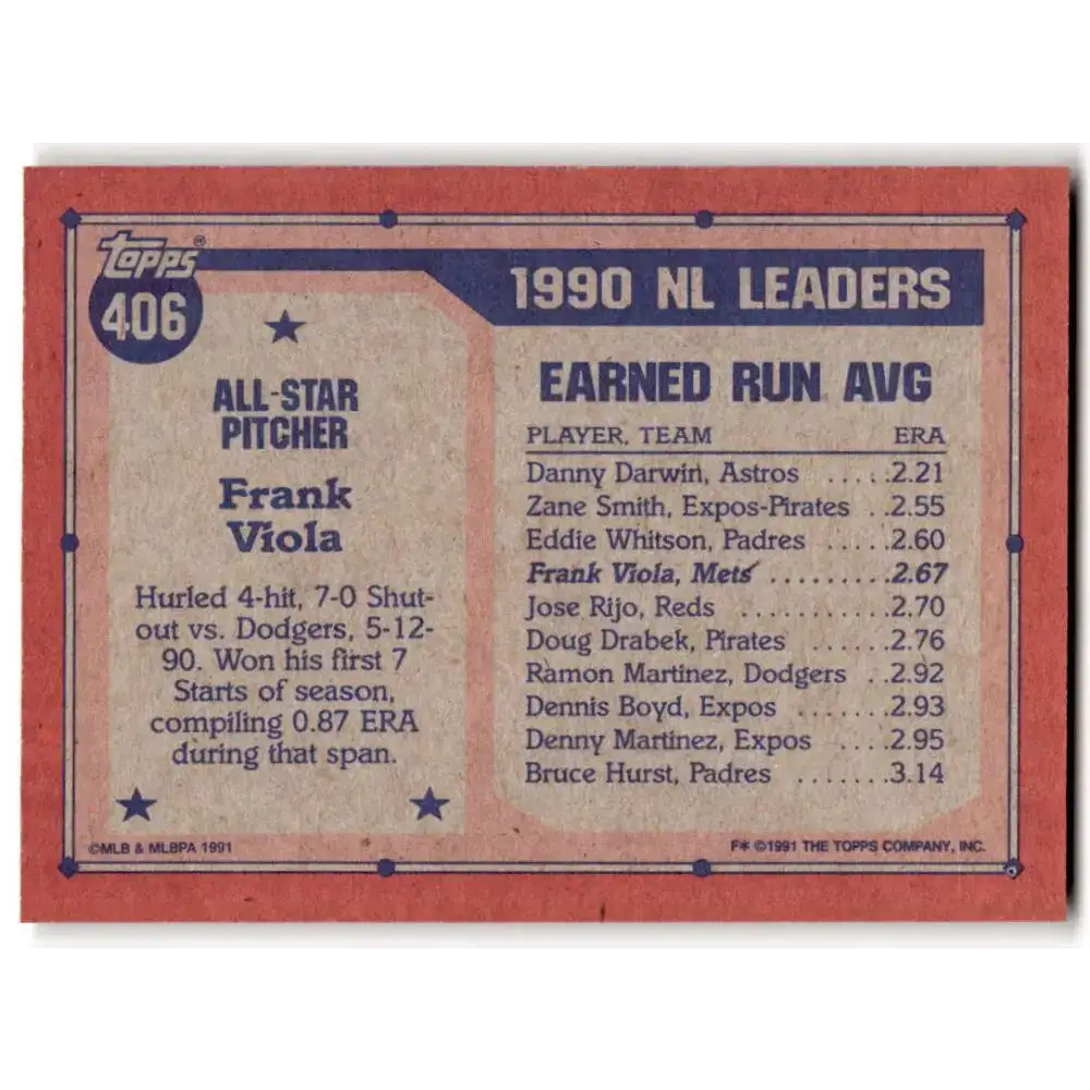 1991 Topps #406 Frank Viola NM-MT New York Mets Baseball Card - Baseball Card Single